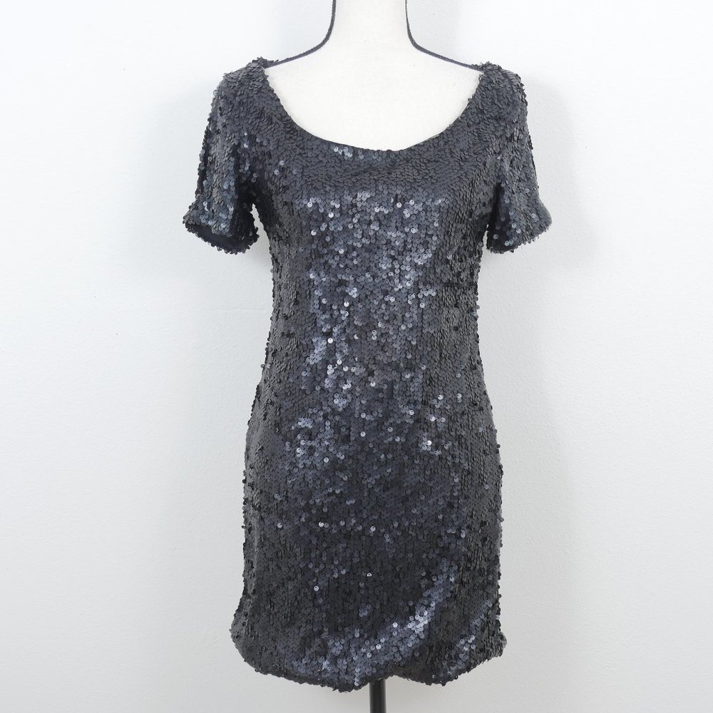 Profile Black Sequin Cut Out Shoulder Open Back Disco Retro Size M Dress